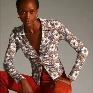 ANTHROPOLOGIE x MAEVE Ruched Floral Button Up Top Sz M {2C54}